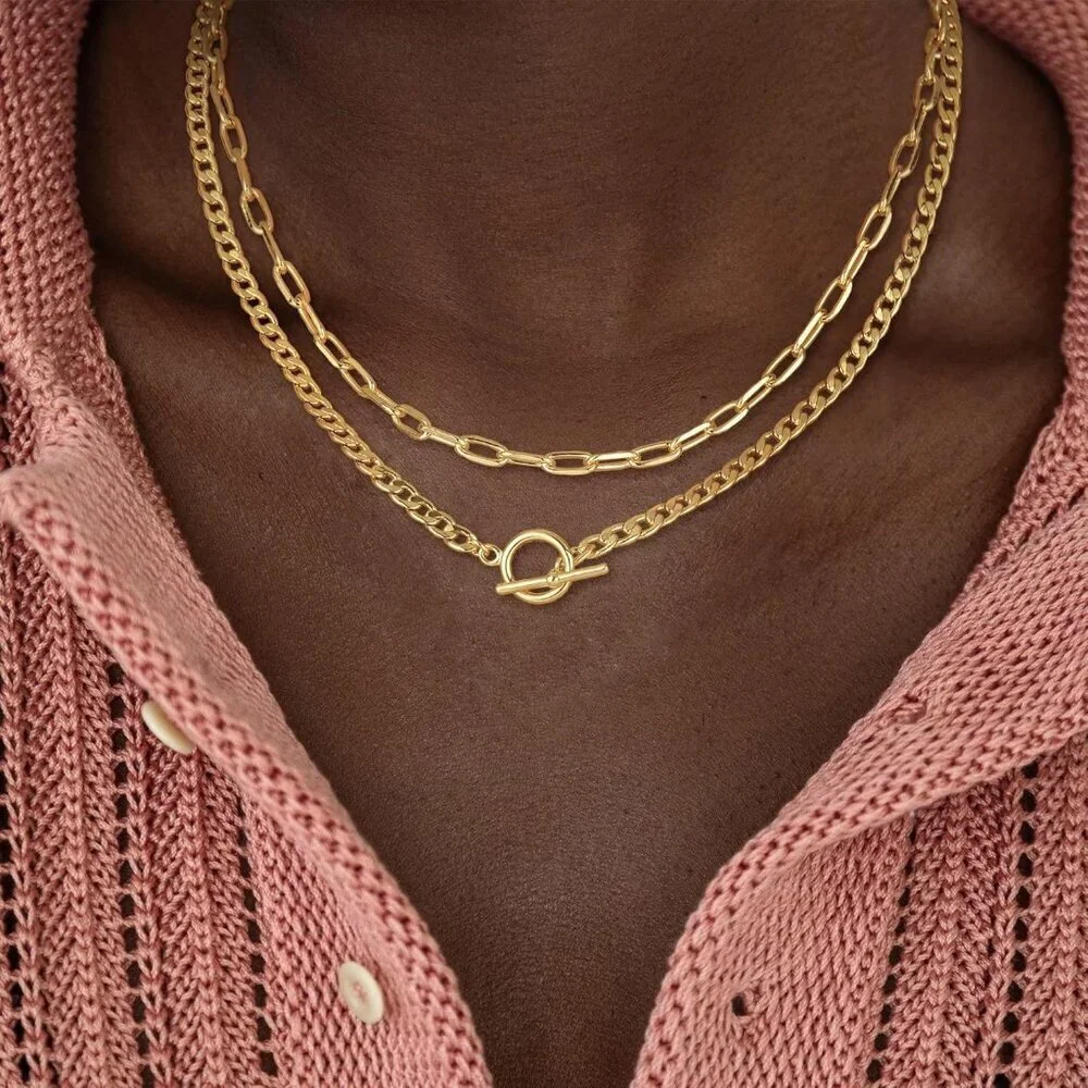 Layered Necklaces for Women 14K Gold Plated Cuban Chain Toggle Clasp Jewelry - Picture 3 of 8